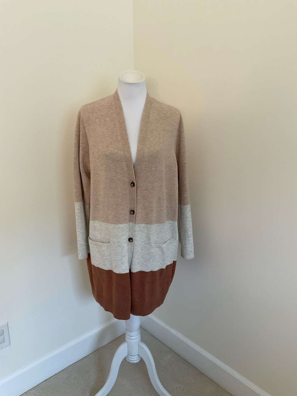 Womens J.Jill Colorblock Long Cardigan Sweater - Beige Gray Brown